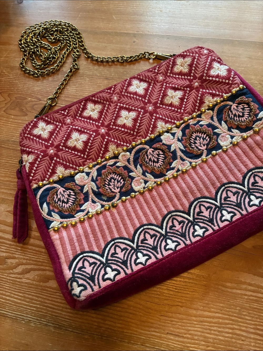 Anthropologie Embroidered Beaded Velvet Studded Brass Chain Crossbody Clutch Bag